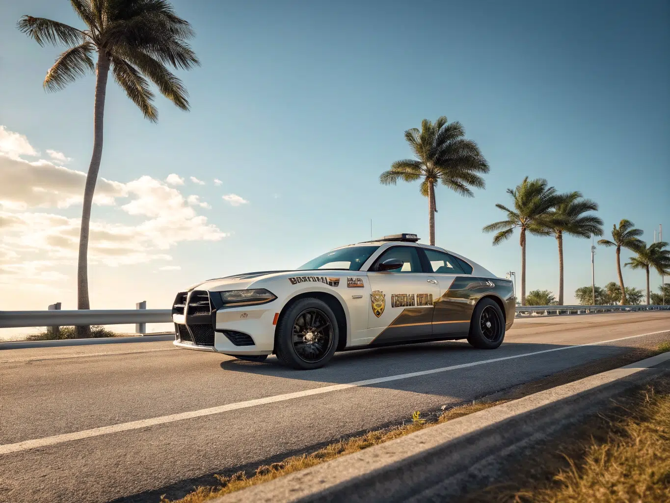 Sheriff patrol car on palm-lined coastal road