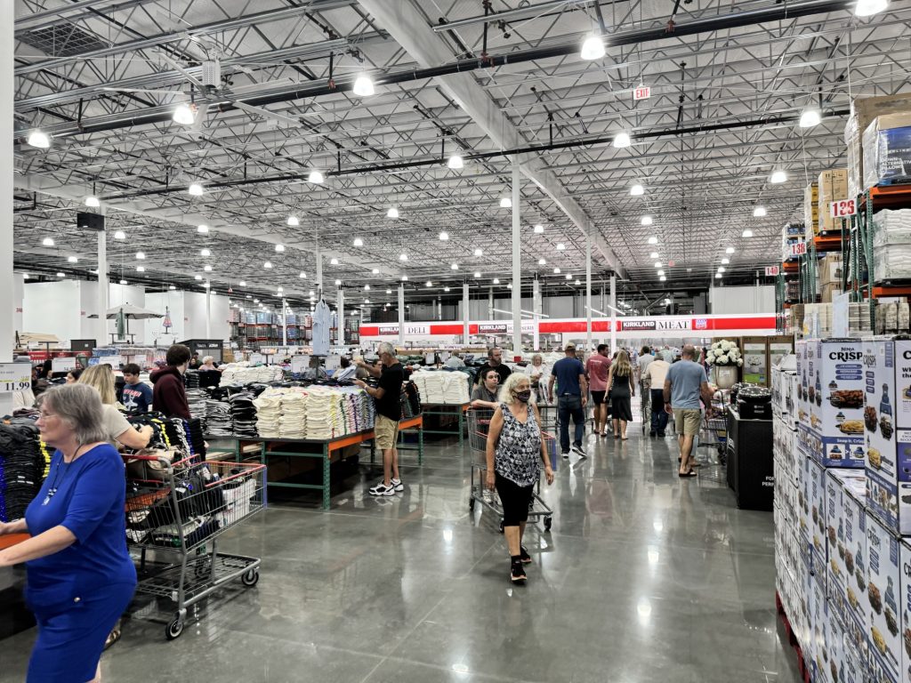 Grand opening of Costco  warehouse store with shoppers and carts