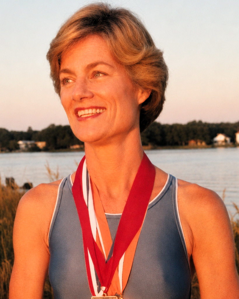 Smiling woman with medals by lakeside at sunset