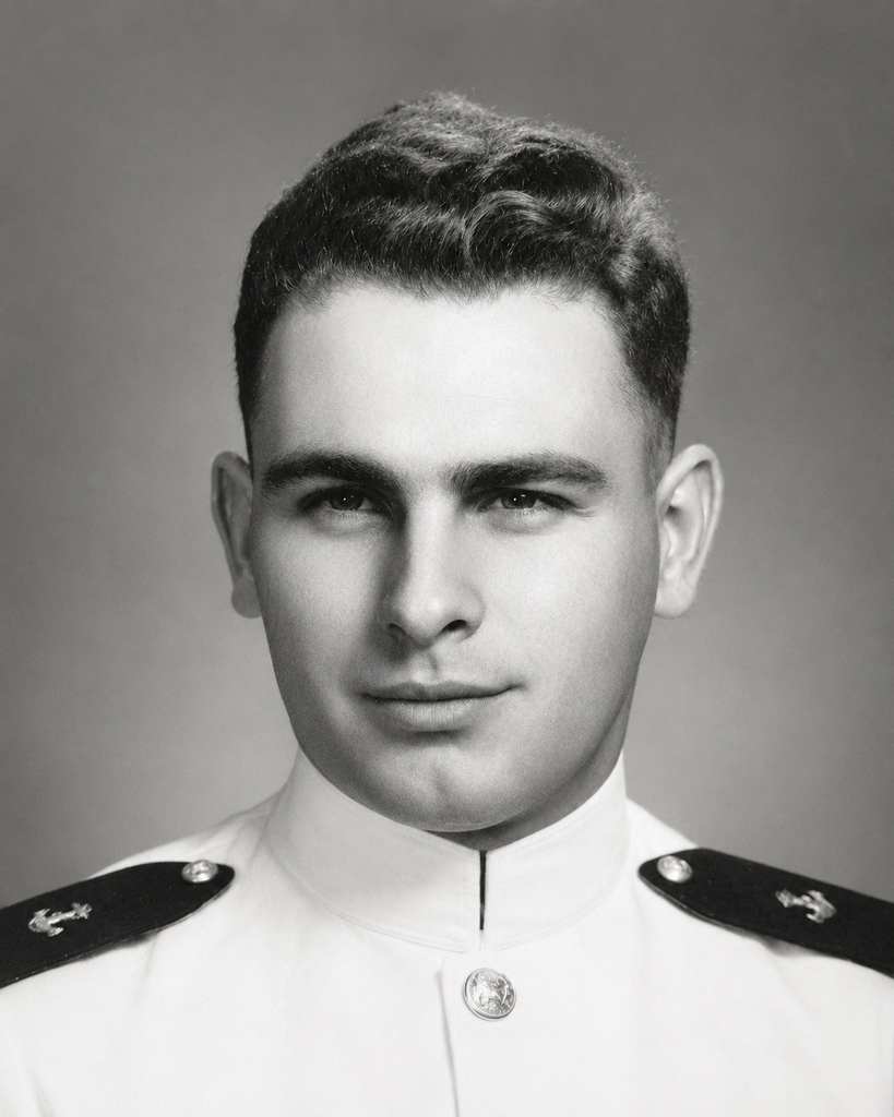 Black-and-white portrait of young man in military uniform