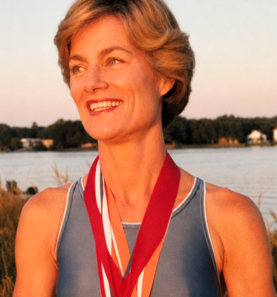 Smiling athlete wearing medals by lakeside at sunset