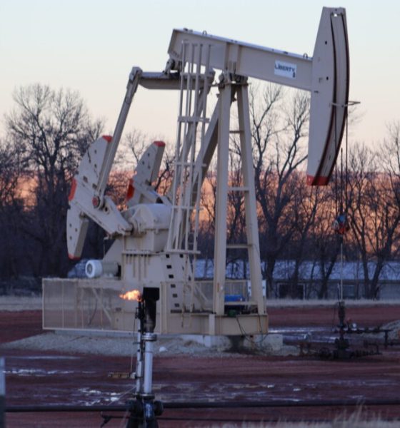 Oil pumpjack operating at dusk in rural field