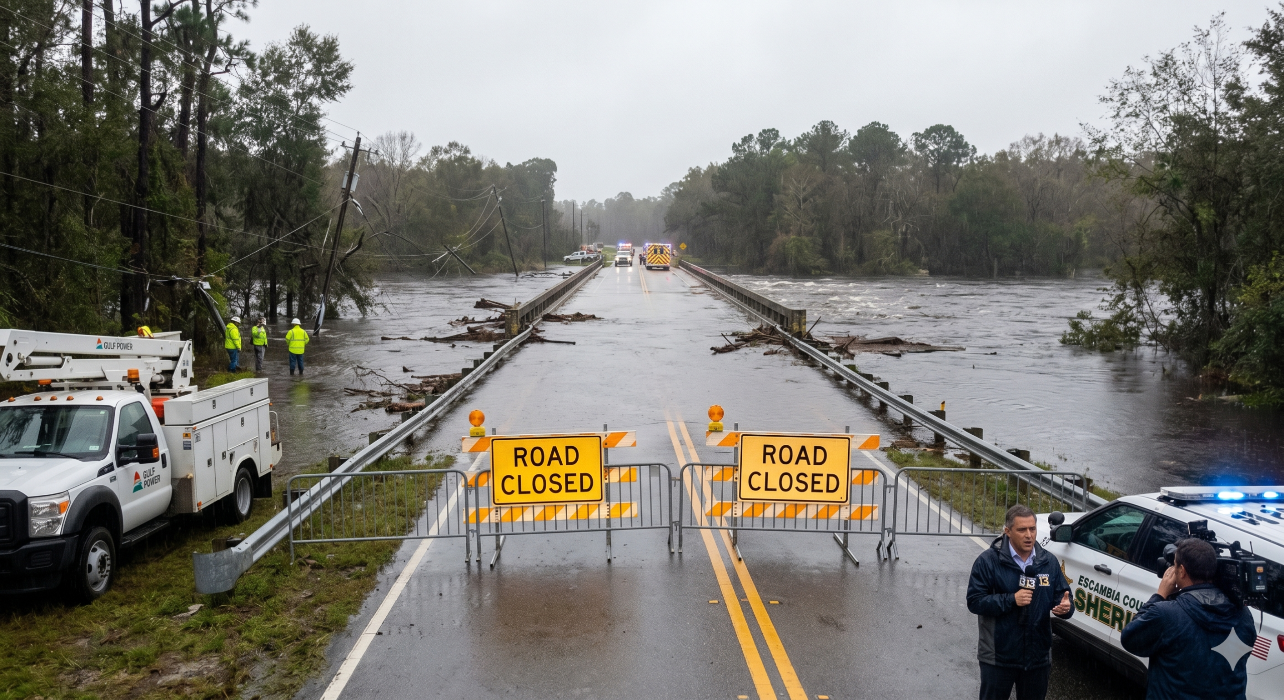 Flooded bridge with road closed signs and emergency crews