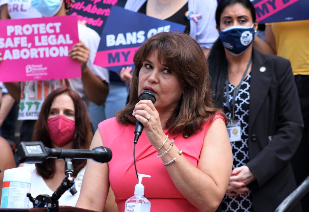Woman speaking at abortion rights rally