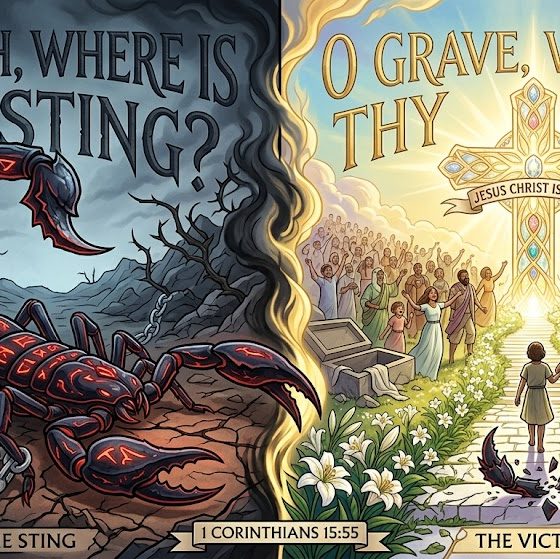 Split image of death’s sting and Christ’s victory The Hidden Word Daily: 1 Corinthians 15:55 — Victory Over Death
