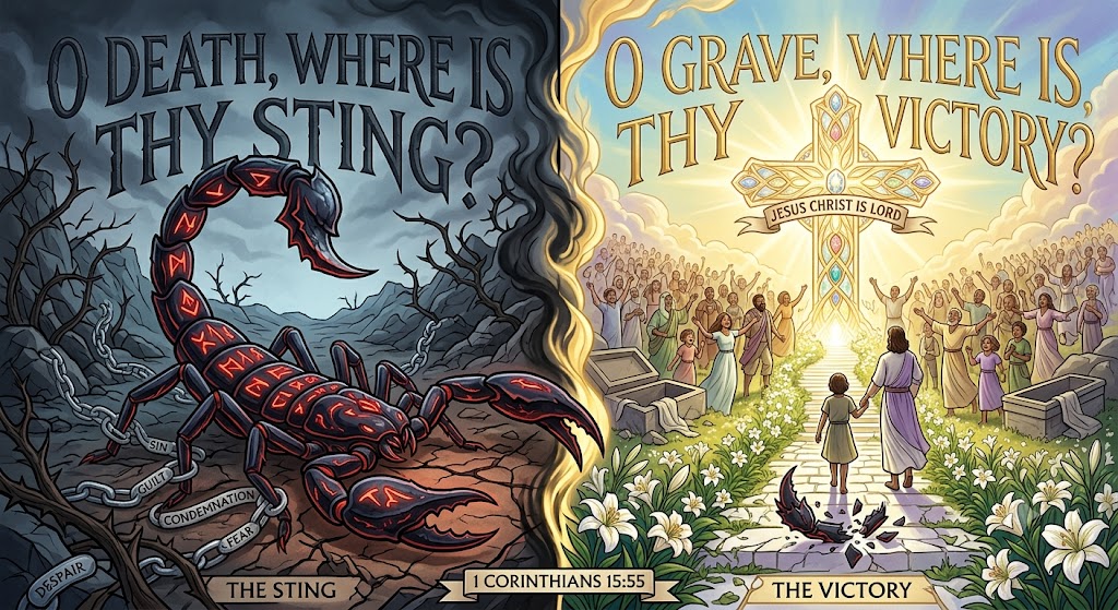 Split image of death’s sting and Christ’s victory The Hidden Word Daily: 1 Corinthians 15:55 — Victory Over Death