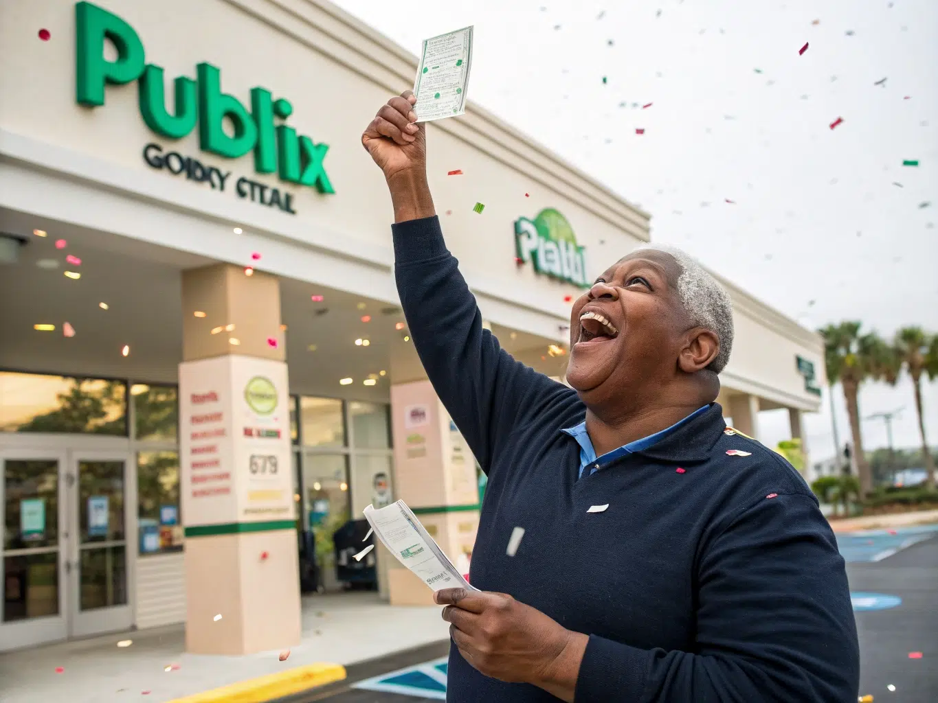 Man celebrating with ticket outside Publix store
