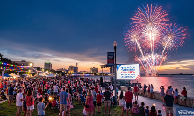 Crowd watching fireworks at Pensacola waterfront celebration