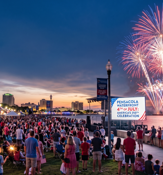 Crowd watching fireworks at Pensacola waterfront celebration
