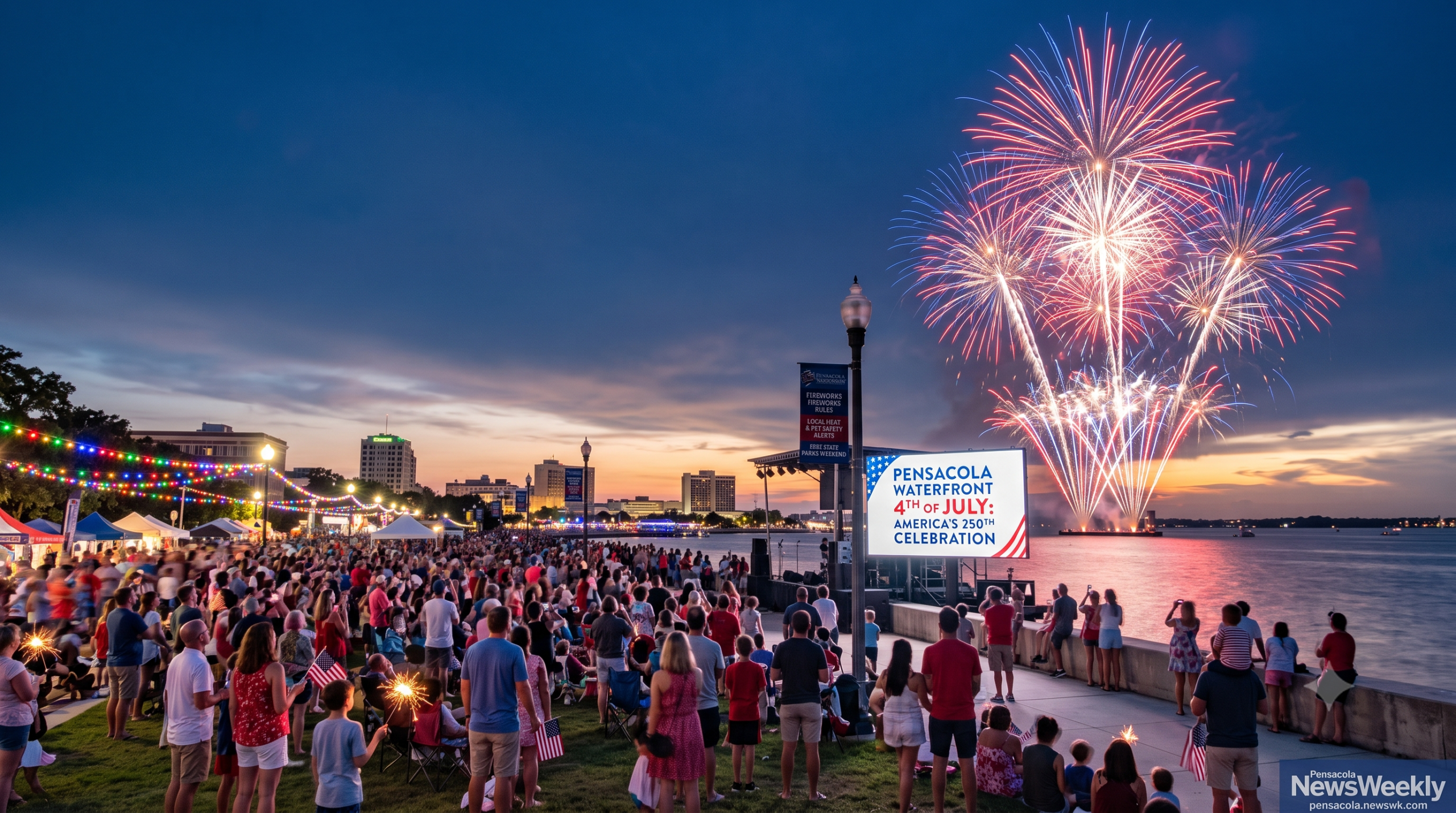Crowd watching fireworks at Pensacola waterfront celebration