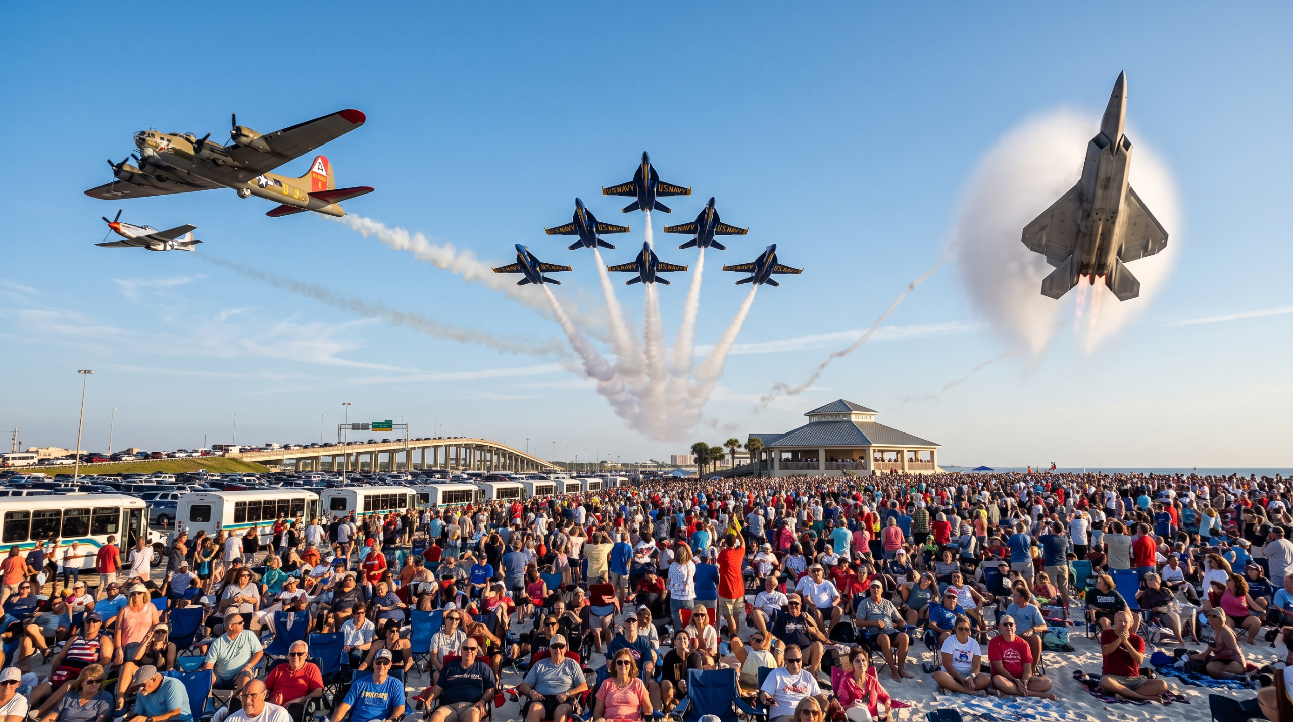 Airshow jets performing over large beach crowd