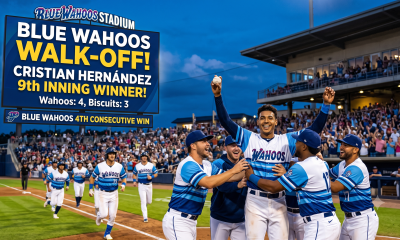 Blue Wahoos celebrate walk-off win at stadium