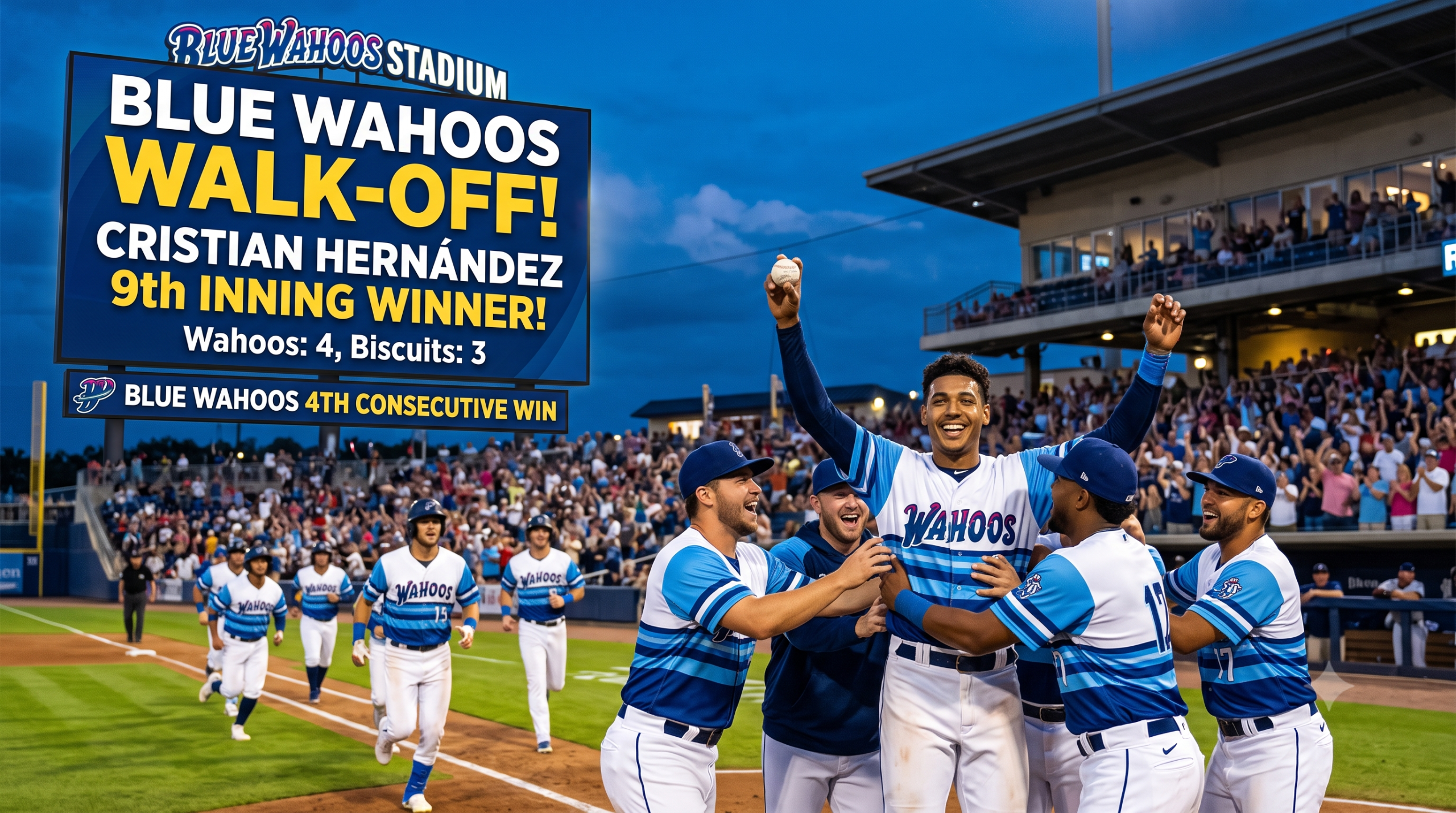 Blue Wahoos celebrate walk-off win at stadium