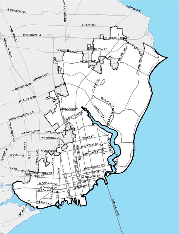 Map of Pensacola, Florida with highlighted waterways