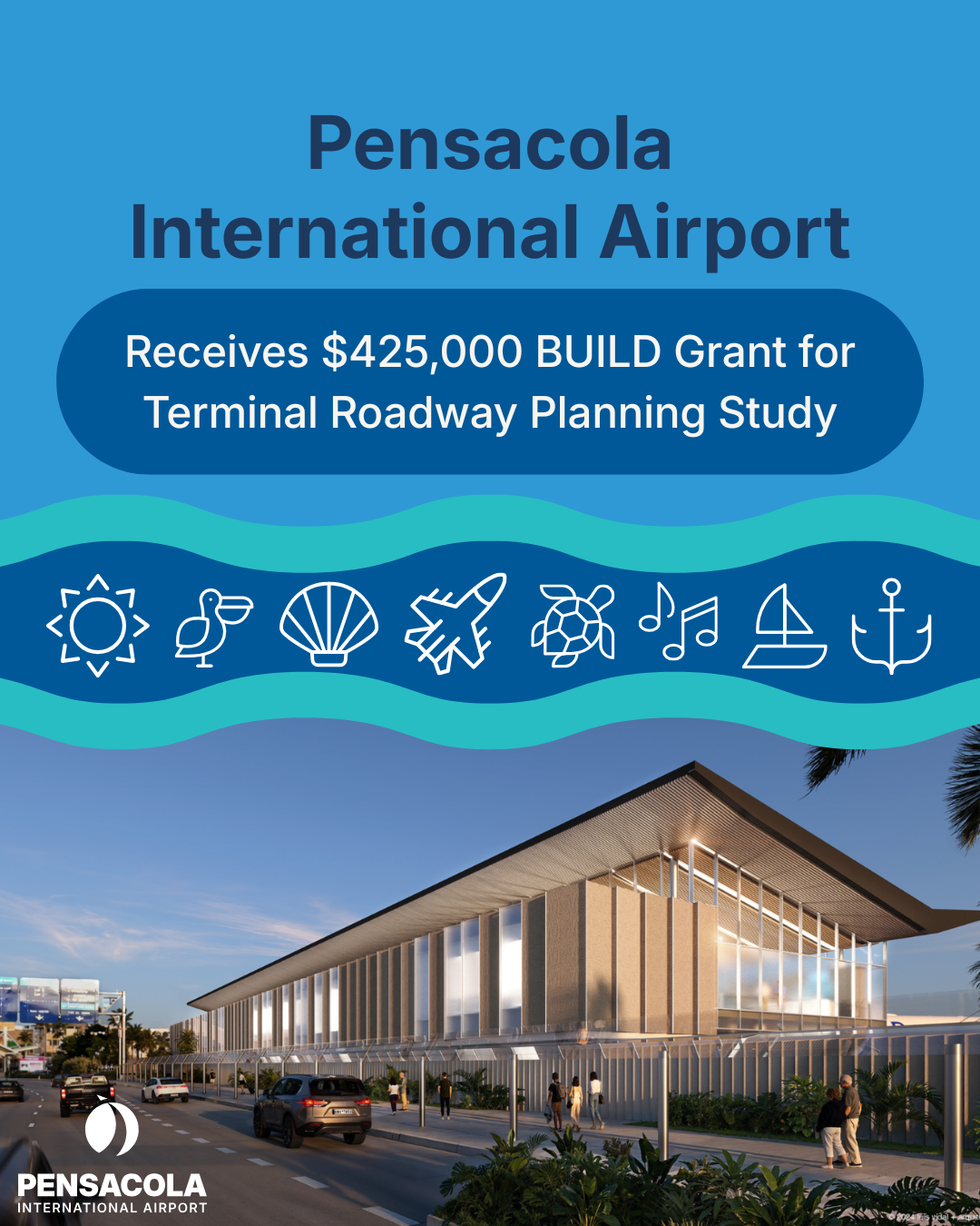 Pensacola International Airport grant announcement with terminal rendering