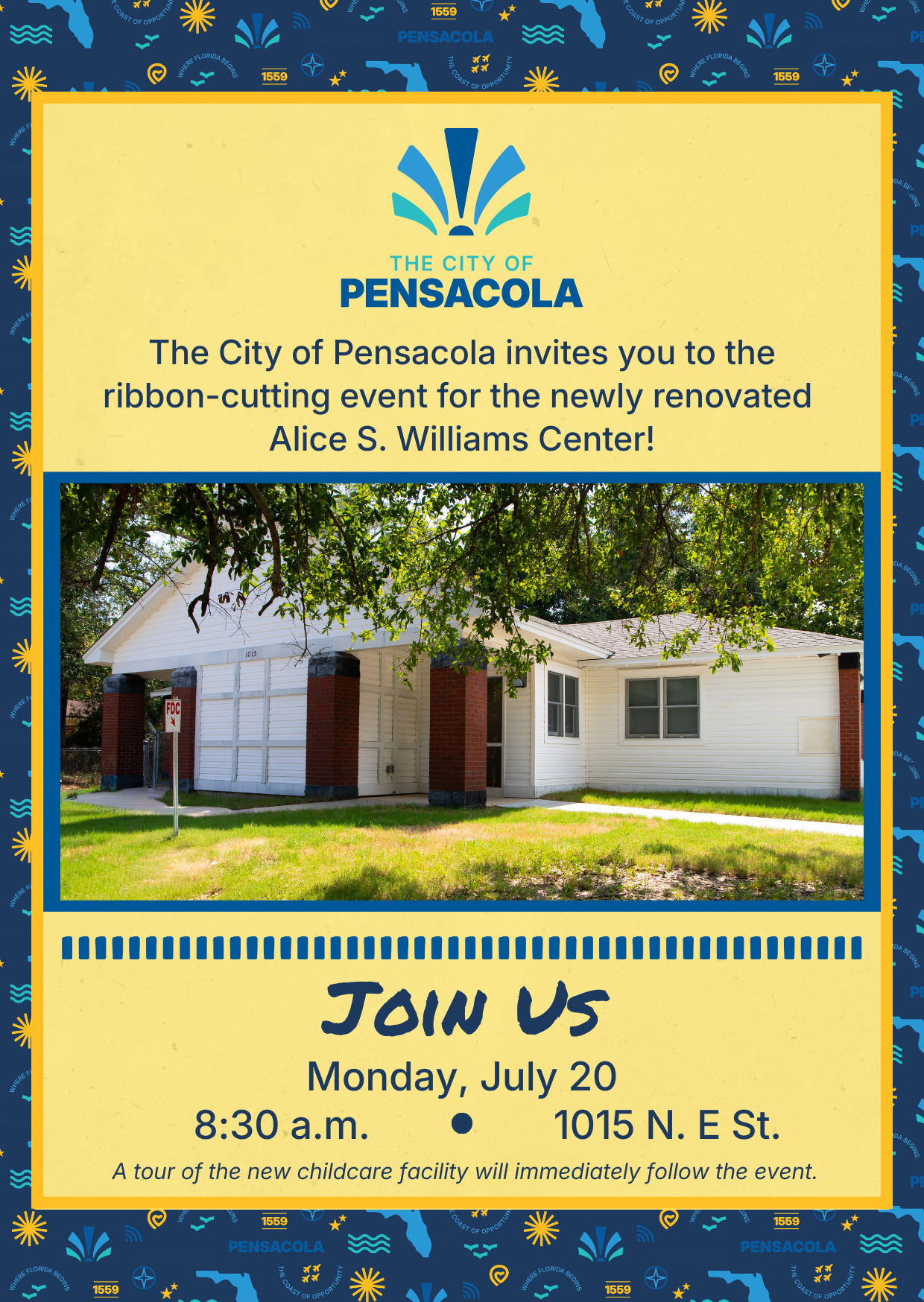Pensacola ribbon-cutting event announcement with building photo