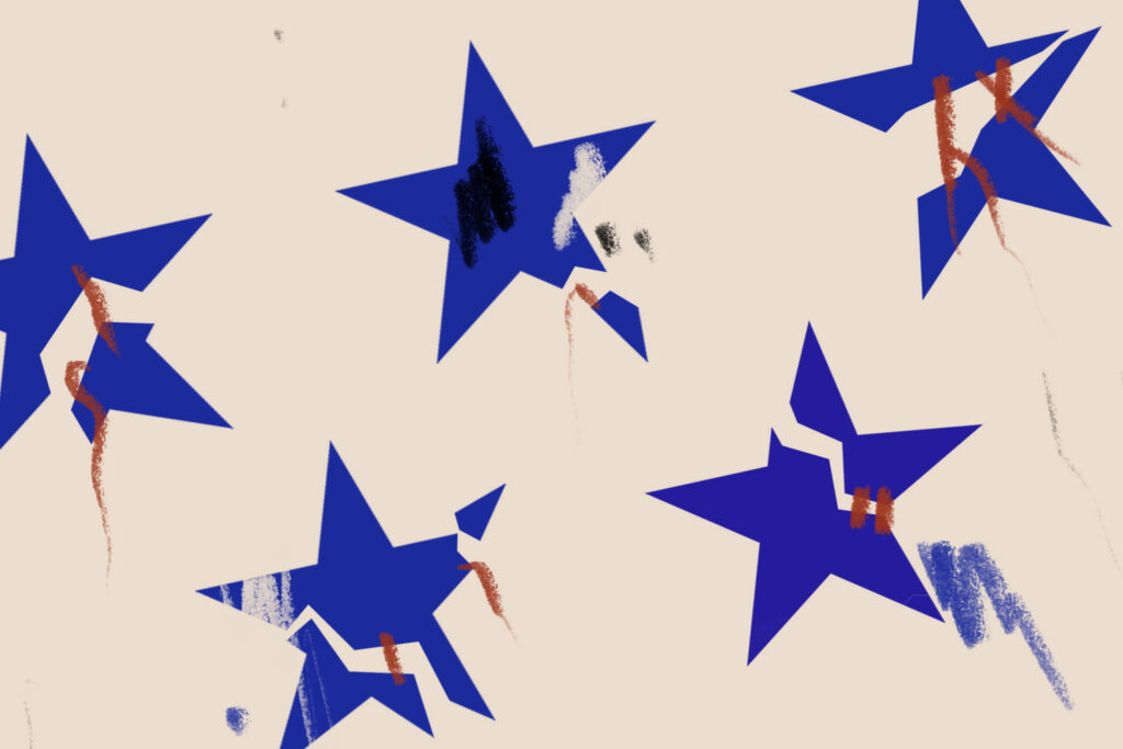 Abstract blue stars with colorful crayon scribbles