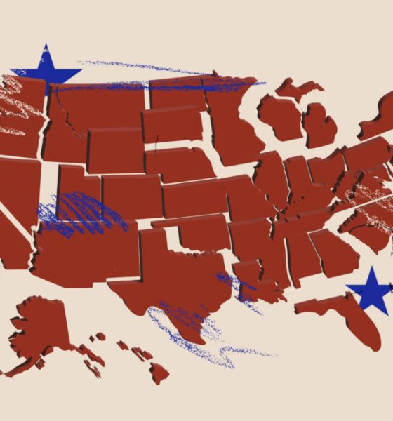 Stylized red United States map with blue stars