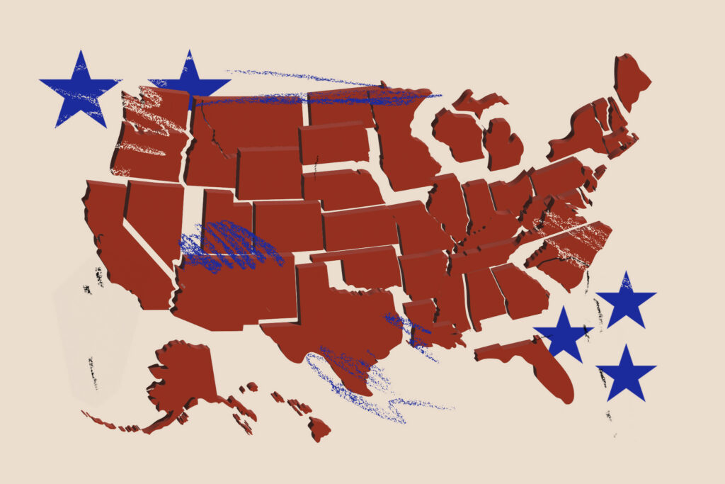 Stylized red United States map with blue stars