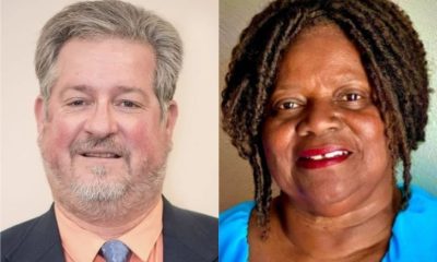 Side-by-side portraits of two smiling adults