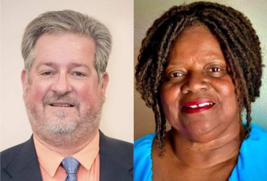 Side-by-side portraits of two smiling adults