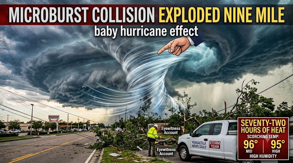 Dramatic storm microburst forming over city street