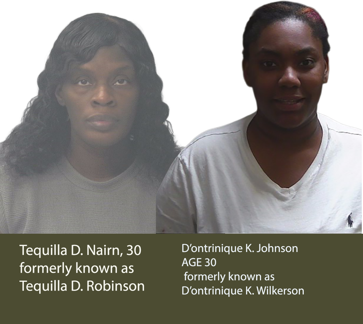 Side-by-side mugshots of woman with name change