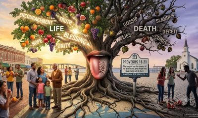 A split-screen illustration for Proverbs 18:21 featuring a large central tree with a tongue embedded in its trunk, surrounded by a Pensacola landmark backdrop.