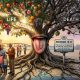 A split-screen illustration for Proverbs 18:21 featuring a large central tree with a tongue embedded in its trunk, surrounded by a Pensacola landmark backdrop.