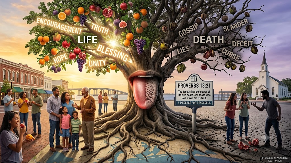 A split-screen illustration for Proverbs 18:21 featuring a large central tree with a tongue embedded in its trunk, surrounded by a Pensacola landmark backdrop.
