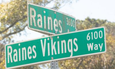 Street signs for Raines and Vikings Way