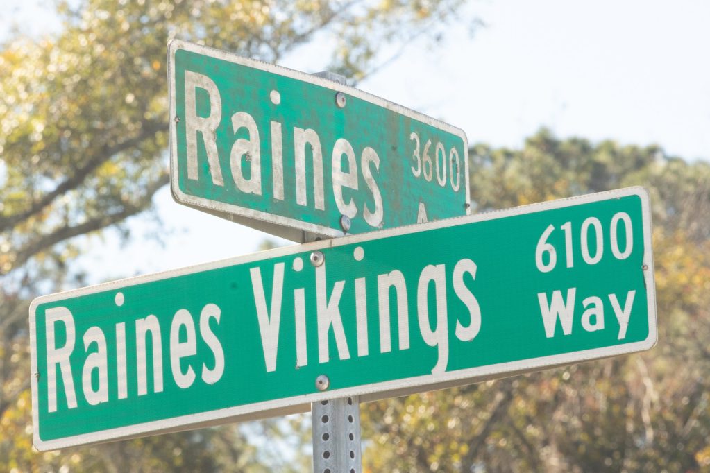 Street signs for Raines and Vikings Way