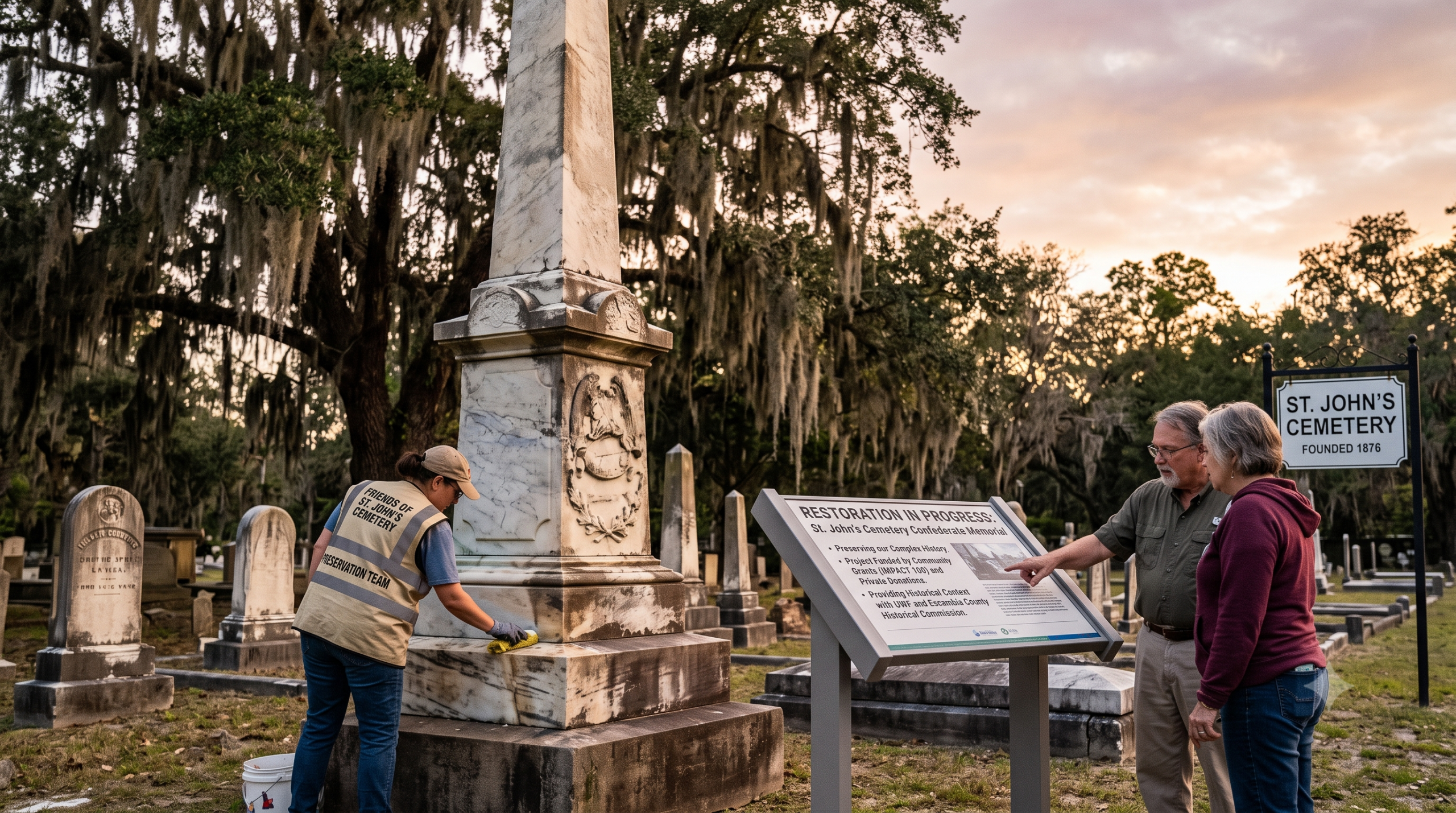 Worker restoring monument at historic cemetery at sunset