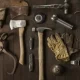 Vintage woodworking tools arranged on wooden table