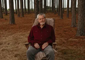 Older man sitting in chair in pine forest