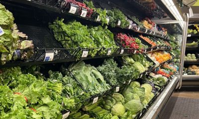 Grocery store produce aisle with fresh vegetables