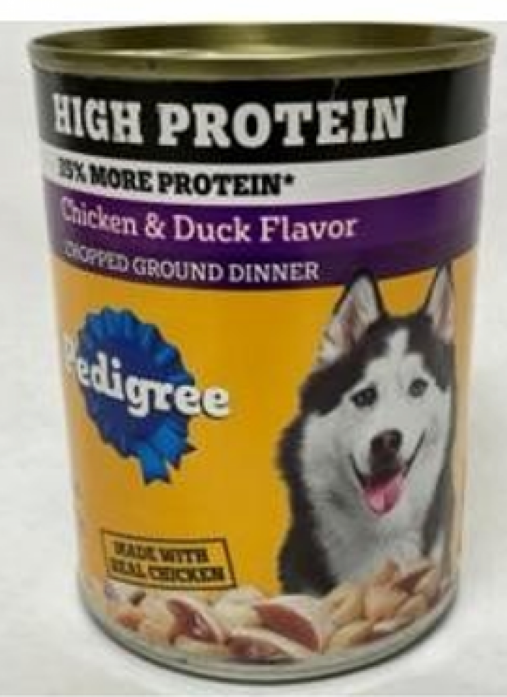 Can of Pedigree high-protein chicken and duck dog food