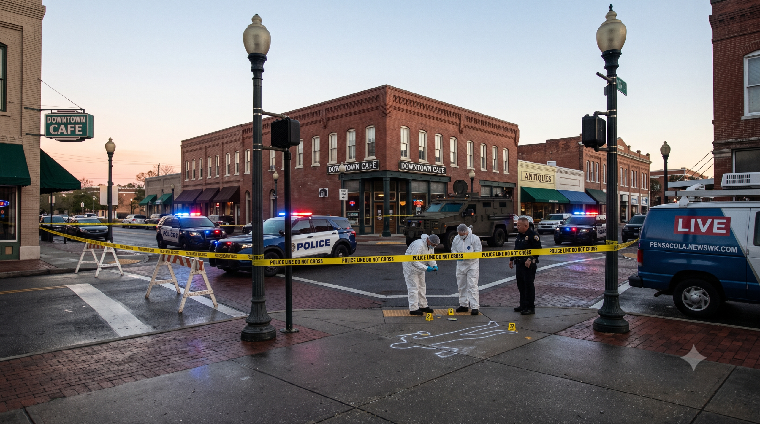 Police investigate downtown crime scene at dusk