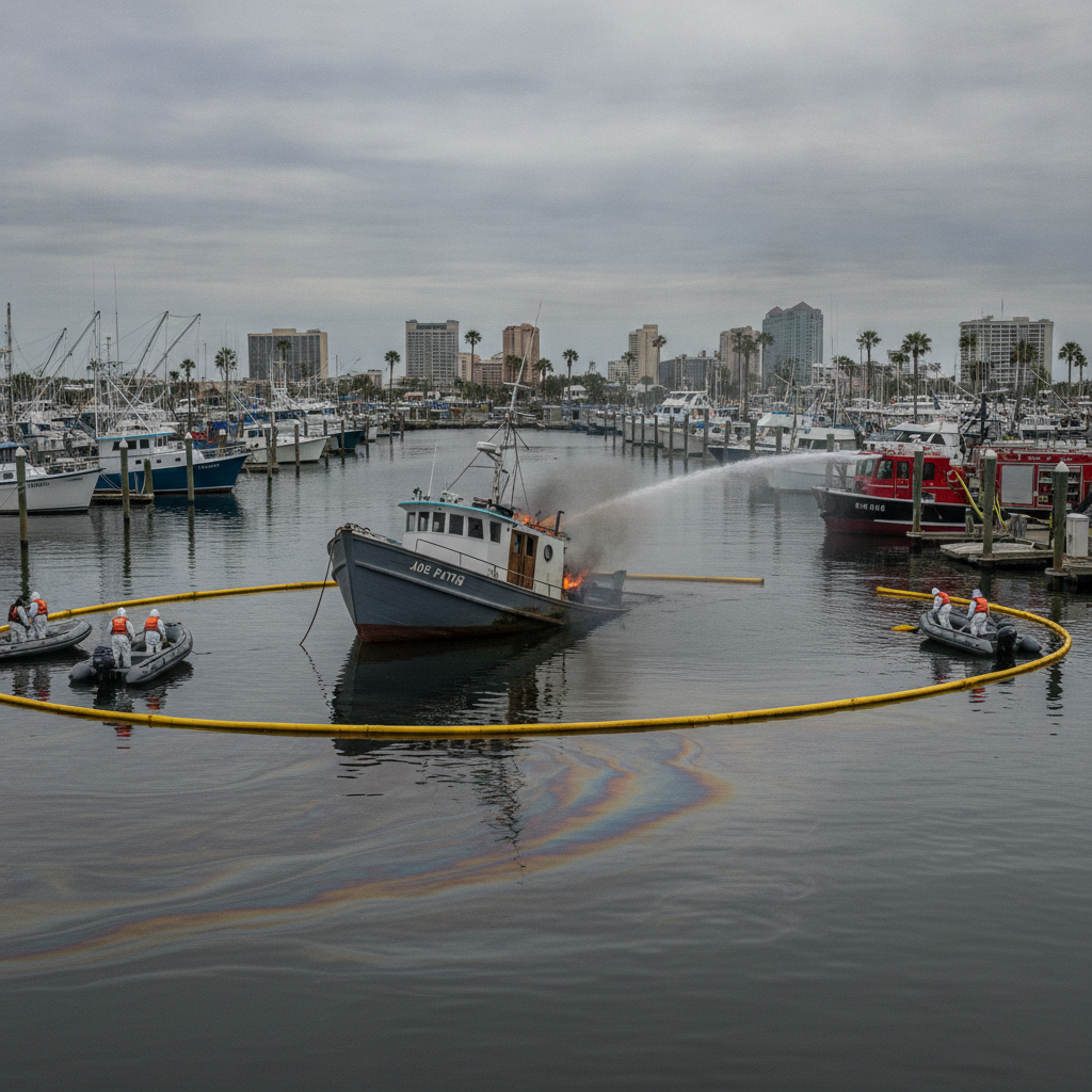 Shrimp Boat Sinks After Fire at Joe Patti's Marina, Spilling Diesel into Pensacola Harbor