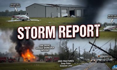 Storm damage with plane crash, fire, downed power lines