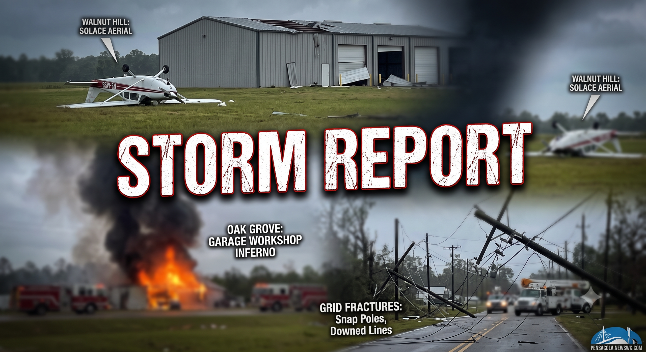 Storm damage with plane crash, fire, downed power lines