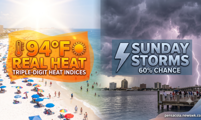 Beach heat 94°F and Sunday storm forecast graphic