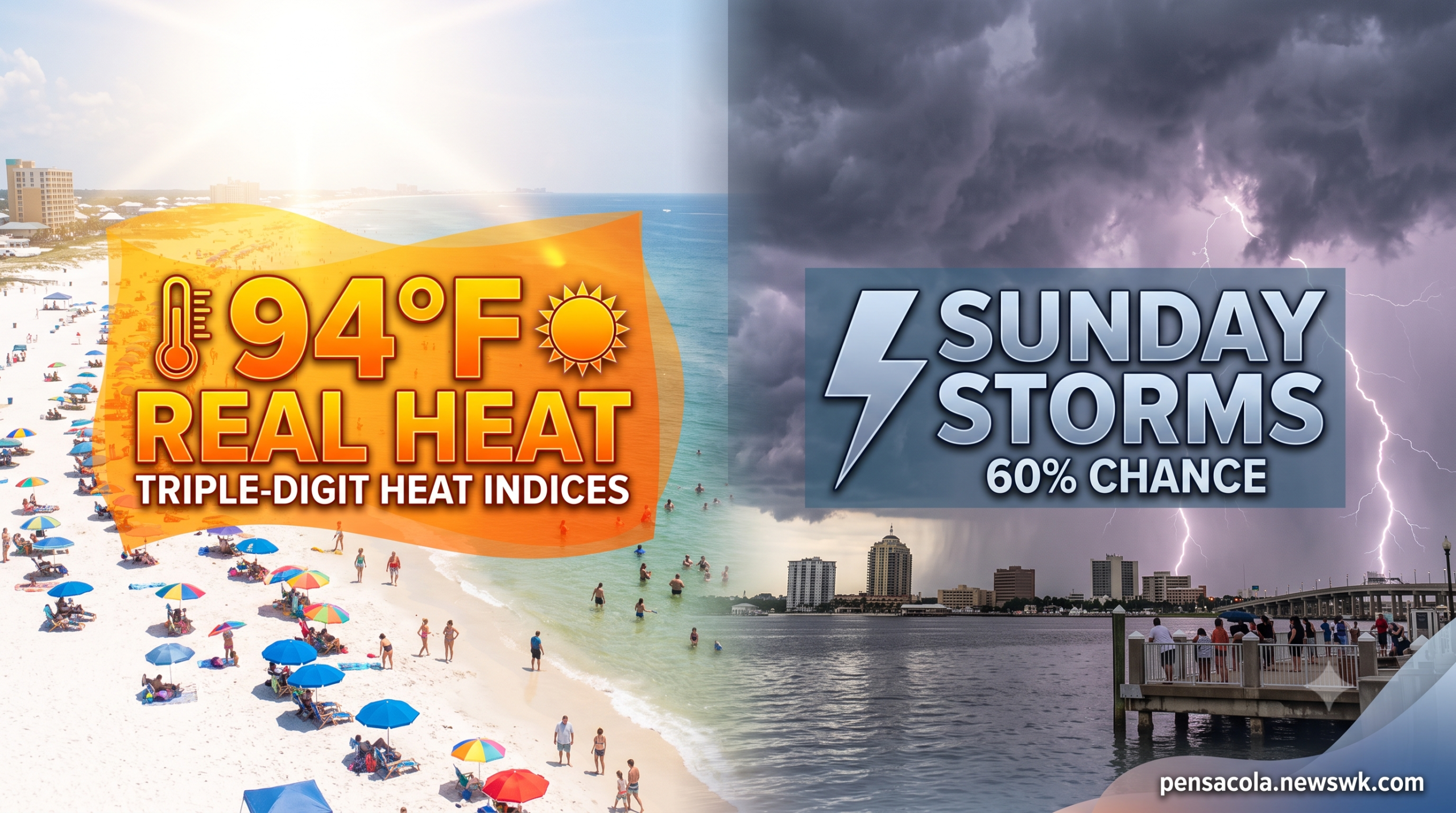 Beach heat 94°F and Sunday storm forecast graphic