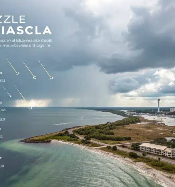 Storm clouds over coastal shoreline with lighthouse