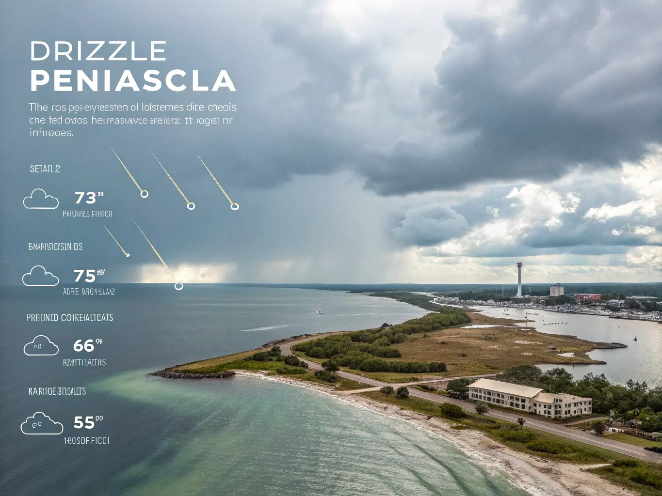 Storm clouds over coastal shoreline with lighthouse