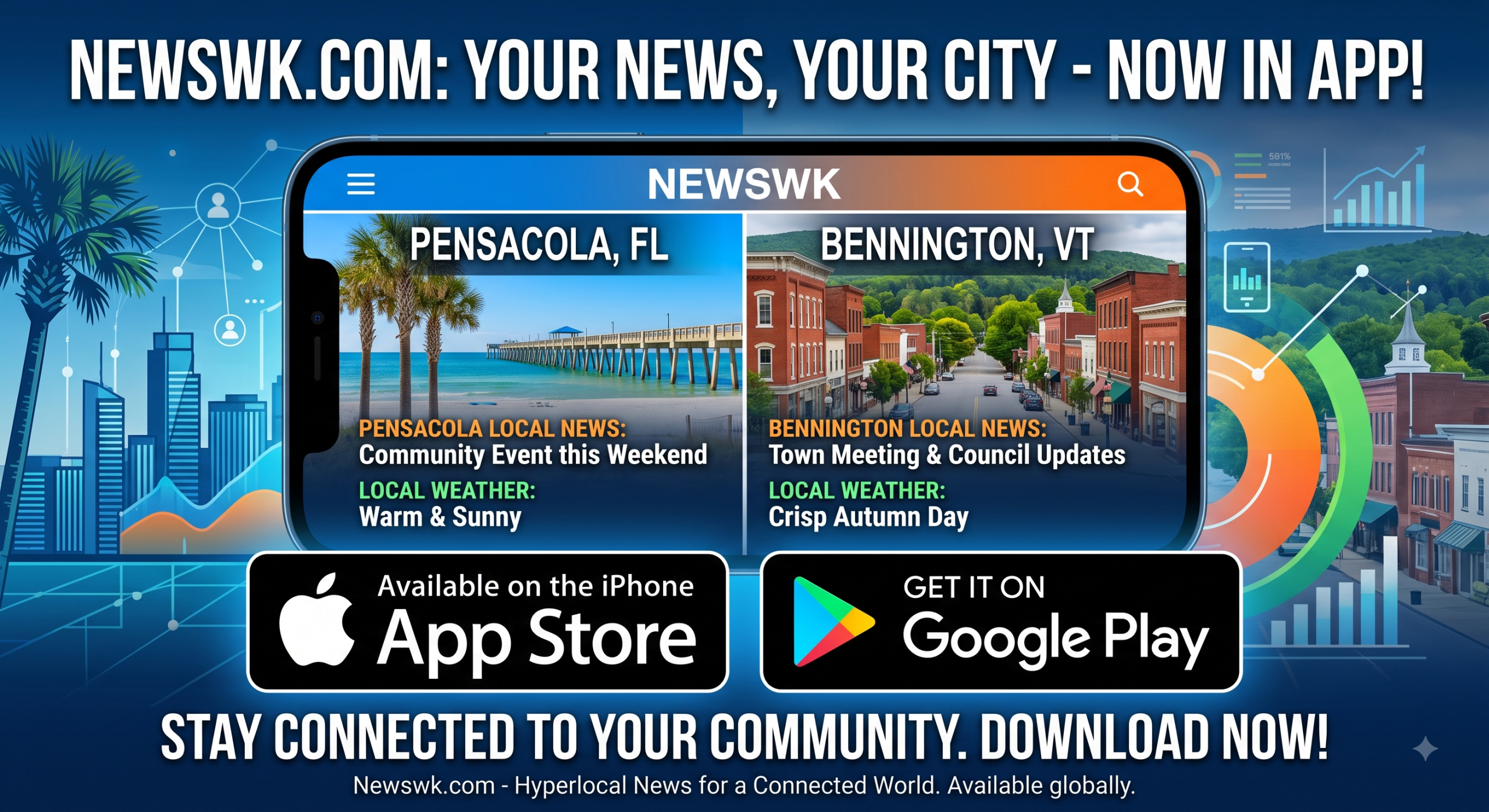 Newswk app advertisement featuring Pensacola and Bennington local news