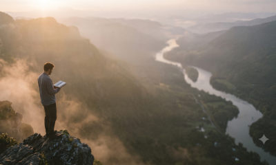 Man reading on cliff above winding river valley