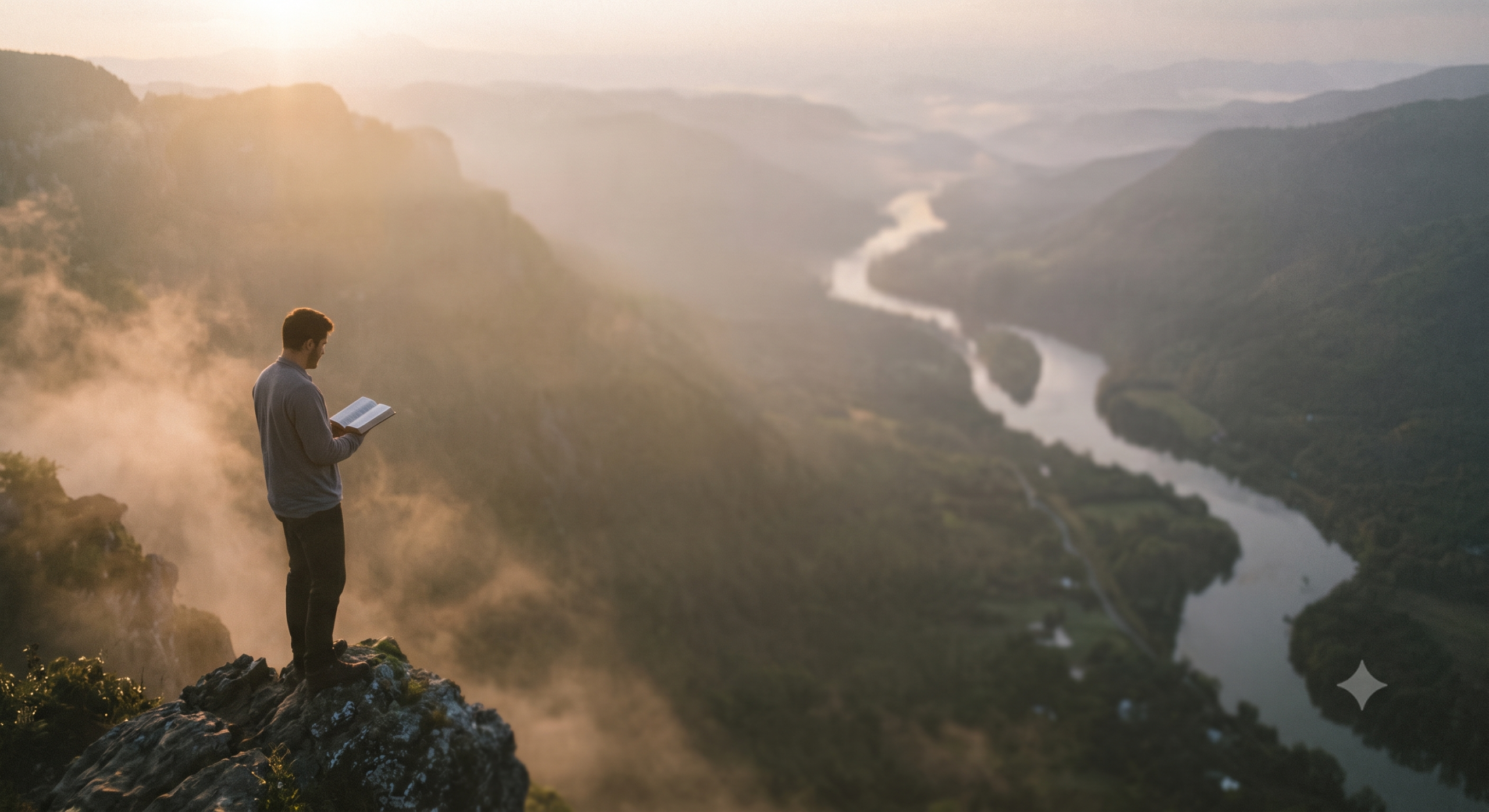 Man reading on cliff above winding river valley
