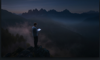 Person reading on cliff at dusk mountains