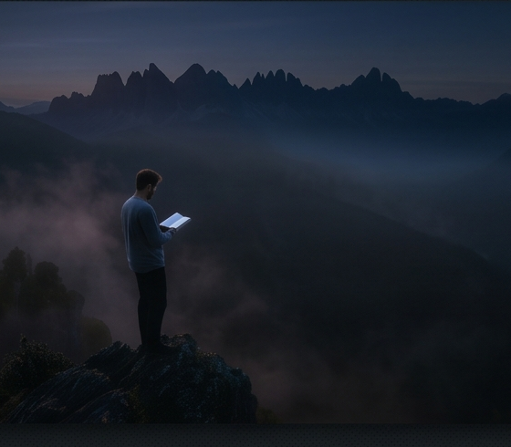 Person reading on cliff at dusk mountains — 1 Corintios 16 13